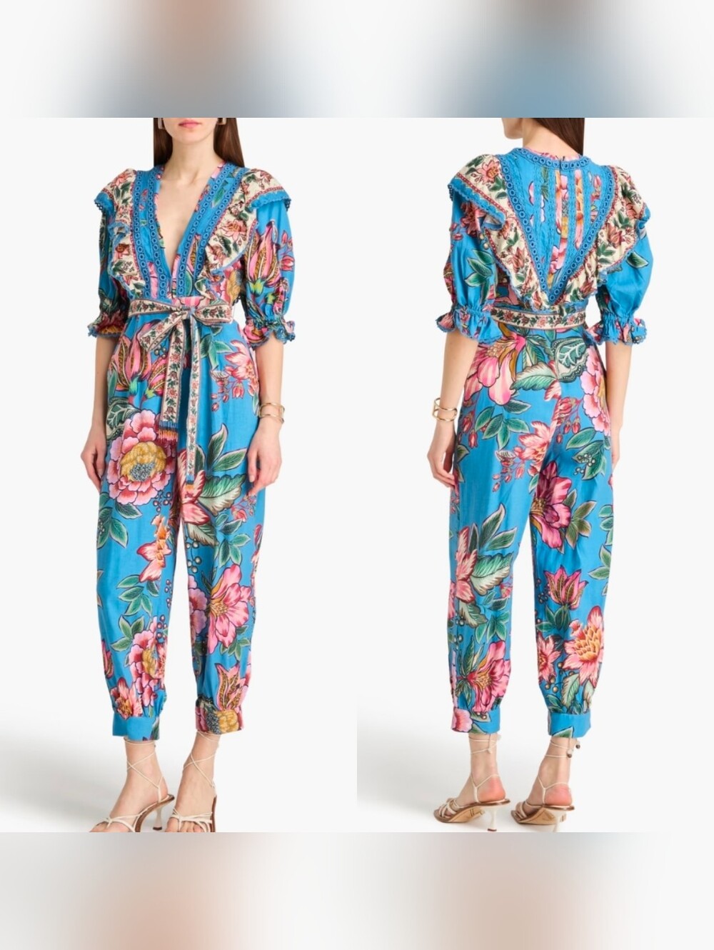 $320 Farm Rio Women Wonderful Bouquet Jumpsuit Lenzing Ecovero Euroflax L Ruffle